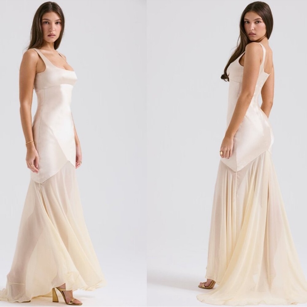 NWOT HOUSE OF CB 'Vittoria' Champagne Chiffon Floor Length Gown sz L - Picture 2 of 11